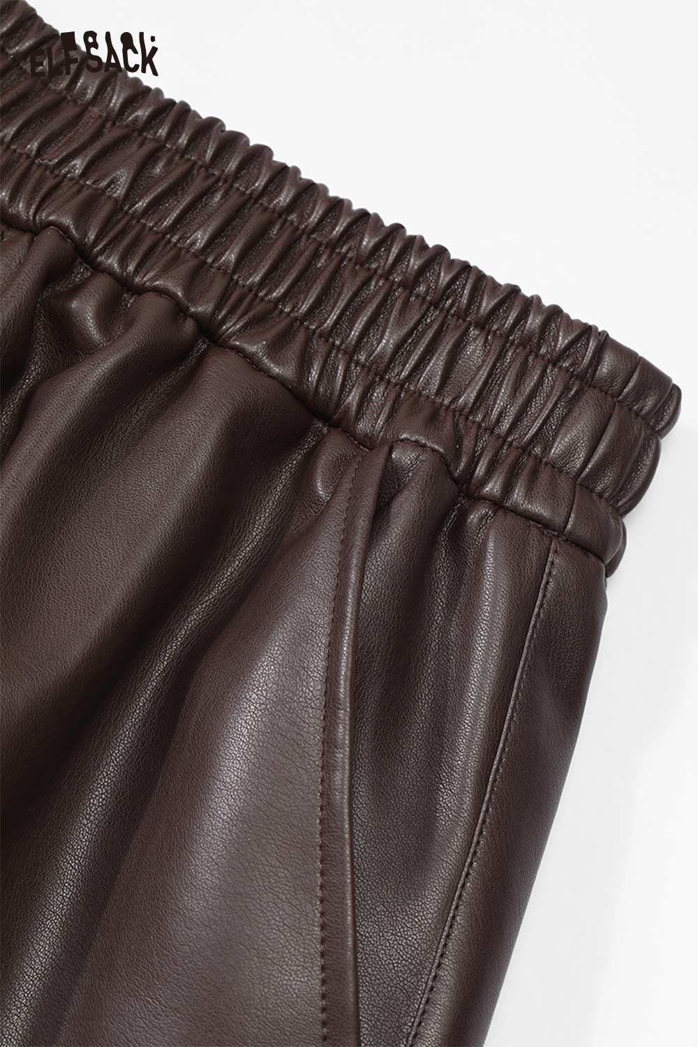 ELFSACK women's PU leather shorts with elastic waistband in dark brown color for a stylish look