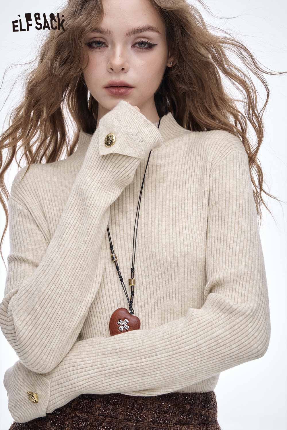 ELFSACK women's slim fit knit sweater in beige with ribbed texture and stylish button details