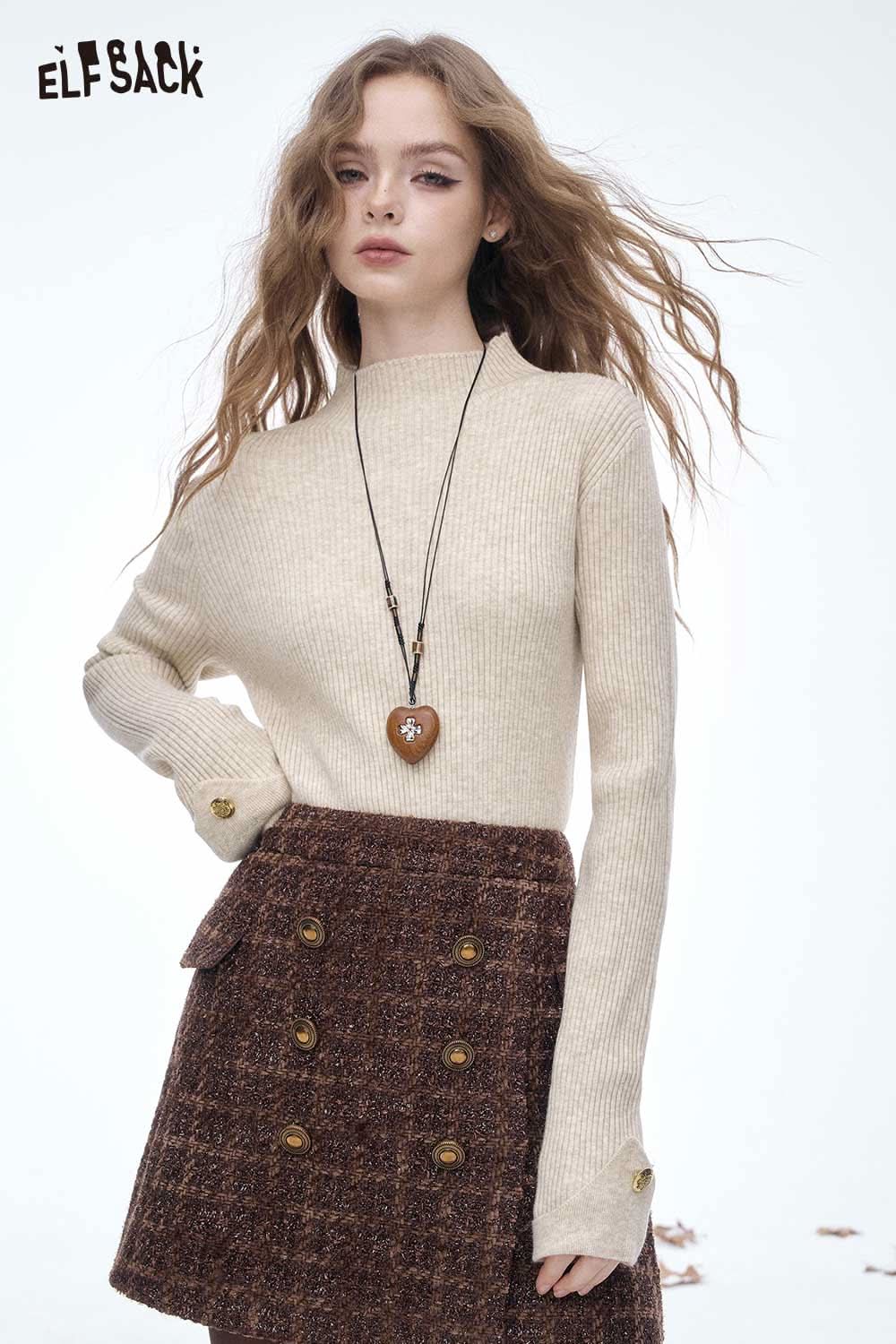 ELFSACK women's slim fit knit sweater in beige, styled with a brown skirt for a chic look
