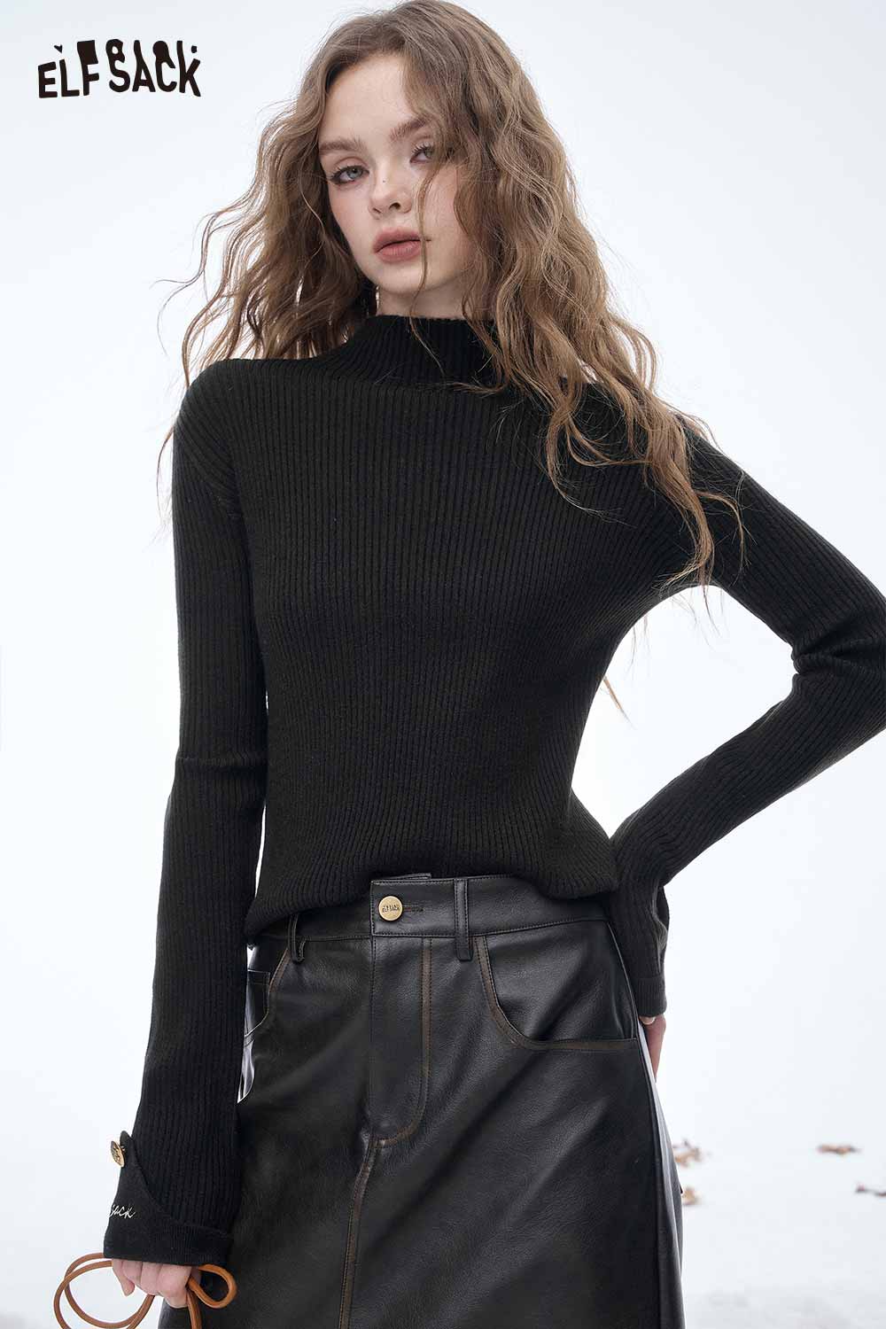 ELFSACK women's slim fit knit sweater in black with ribbed texture for a stylish look