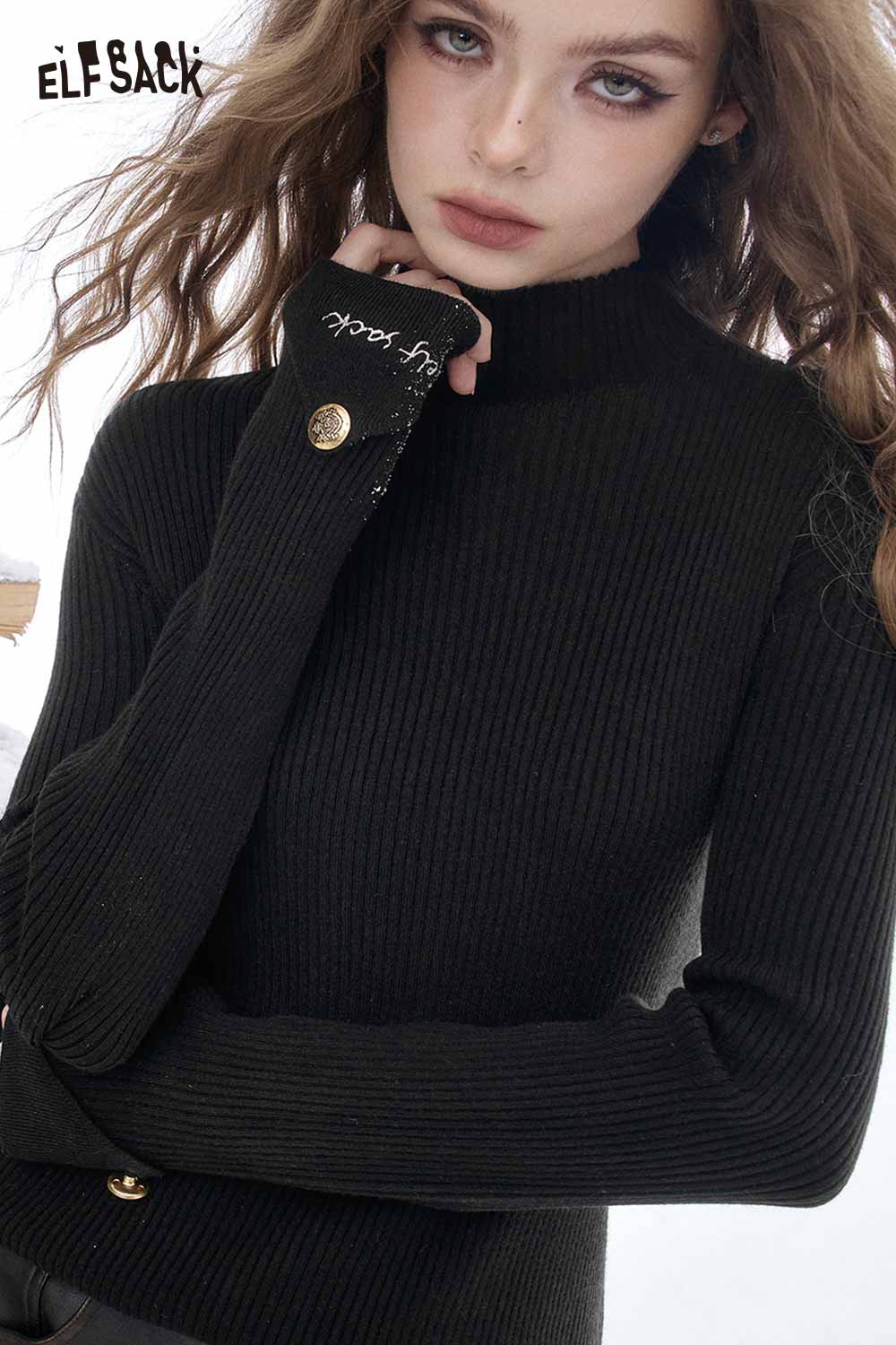 ELFSACK women's slim fit knit sweater in black with stylish ribbed design and button details