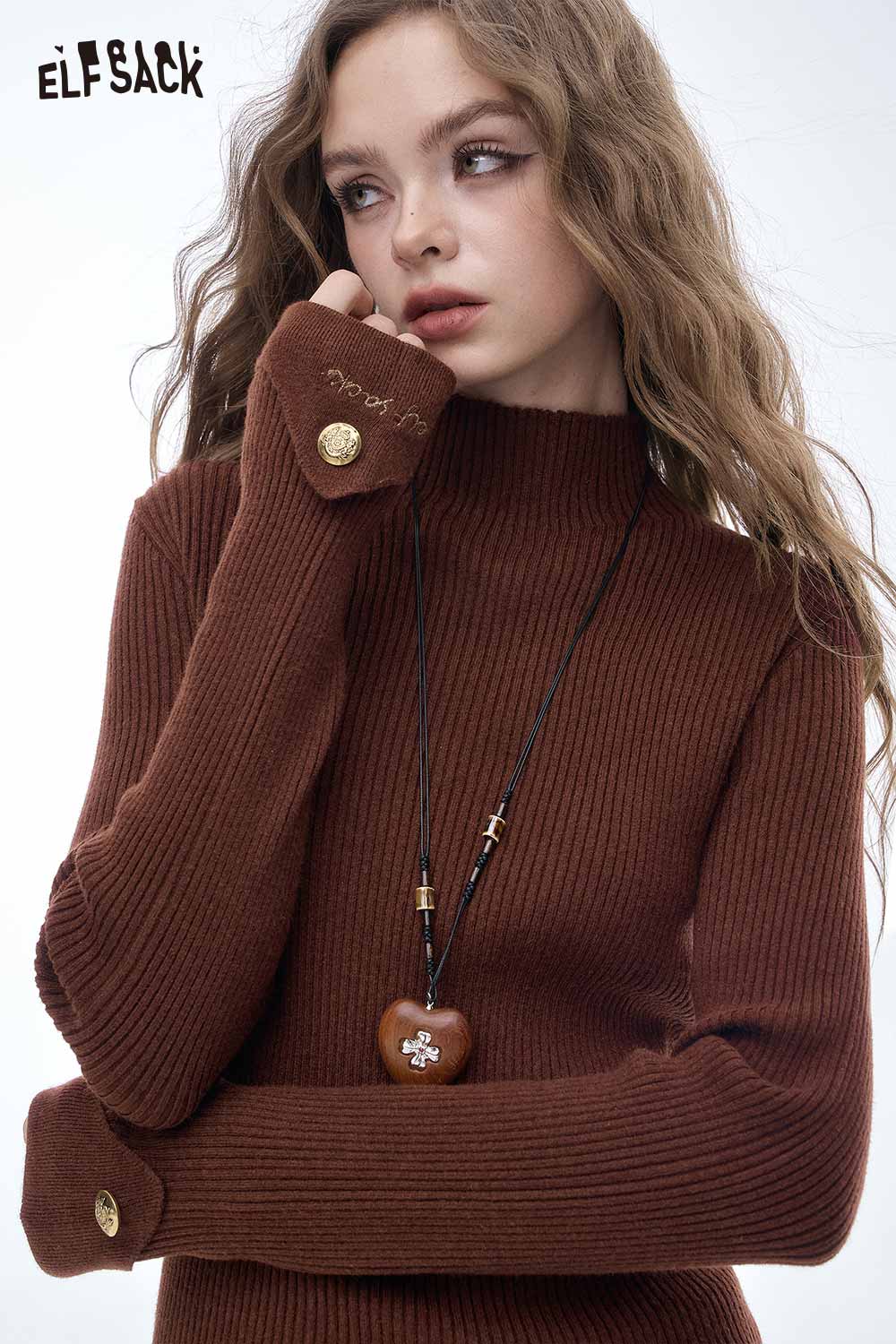 ELFSACK women's slim fit knit sweater in brown with unique collar and details for stylish comfort