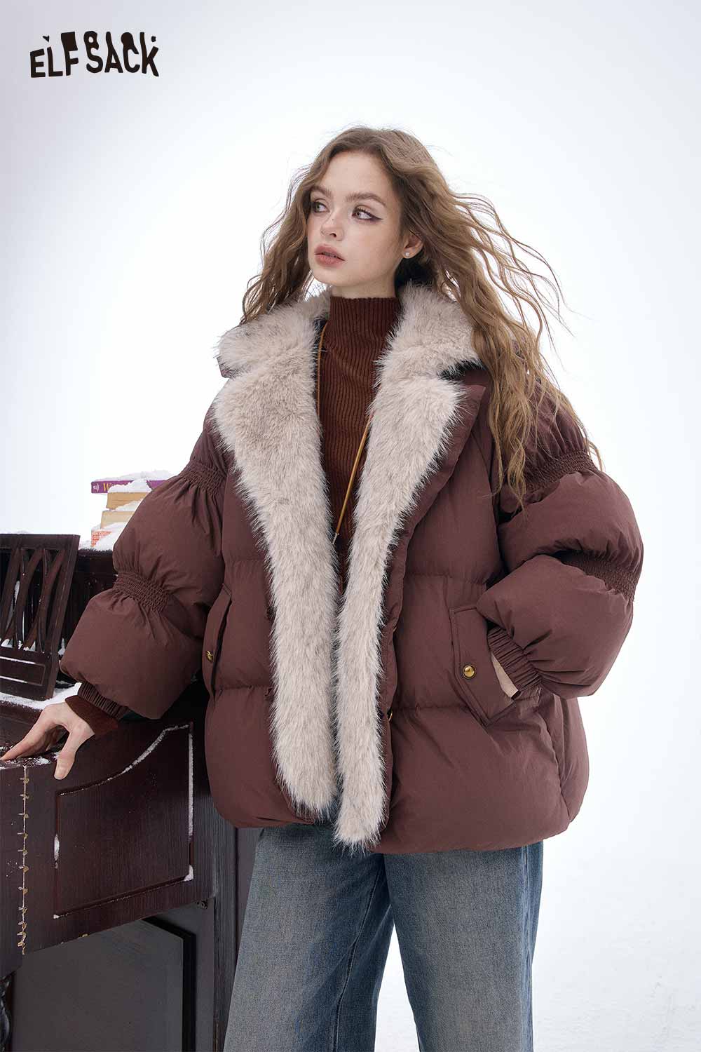 ELFSACK women's slim fit knit sweater paired with a stylish brown puffer coat for a chic winter look
