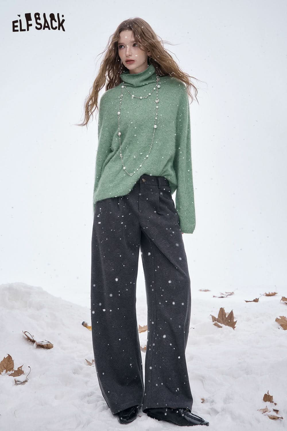 ELFSACK women's soft straight leg pants featured with a cozy green sweater, perfect for winter style