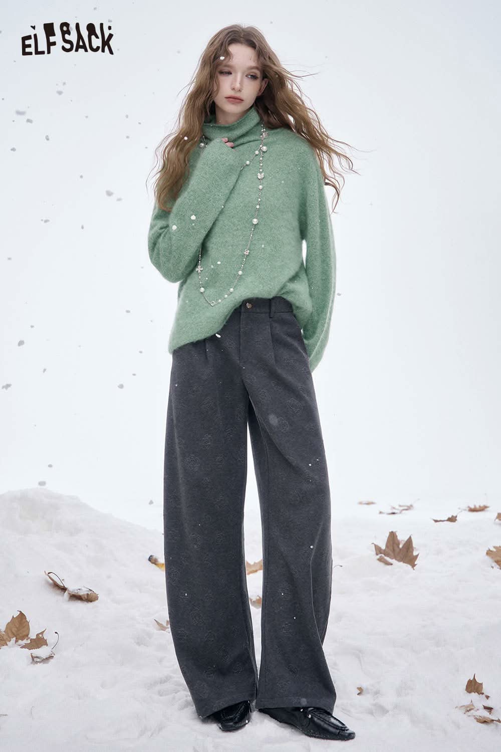 ELFSACK women's soft straight leg pants in gray paired with a cozy green sweater