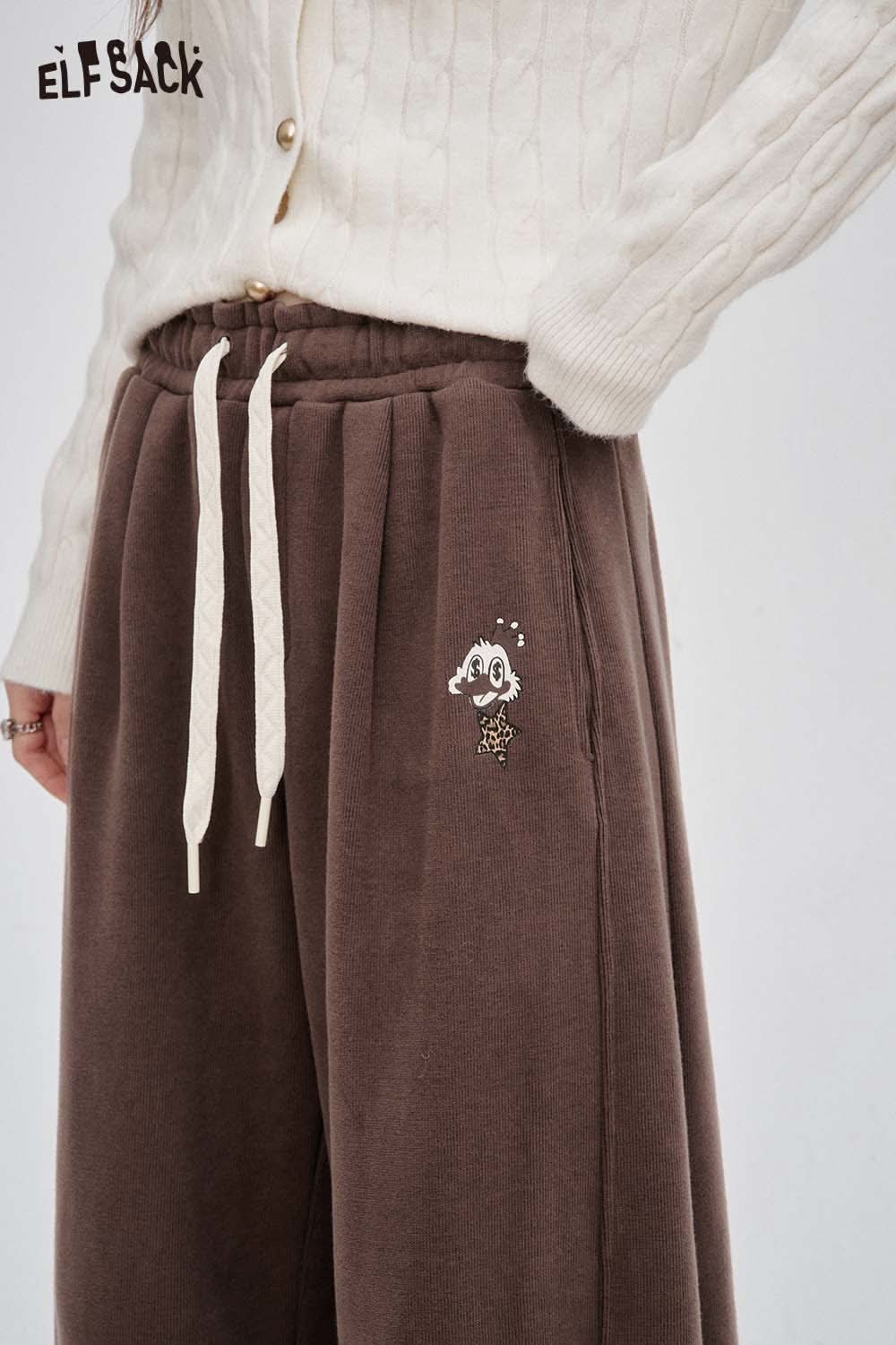 ELFSACK women's solid color straight leg pants in brown with drawstring and embroidered design