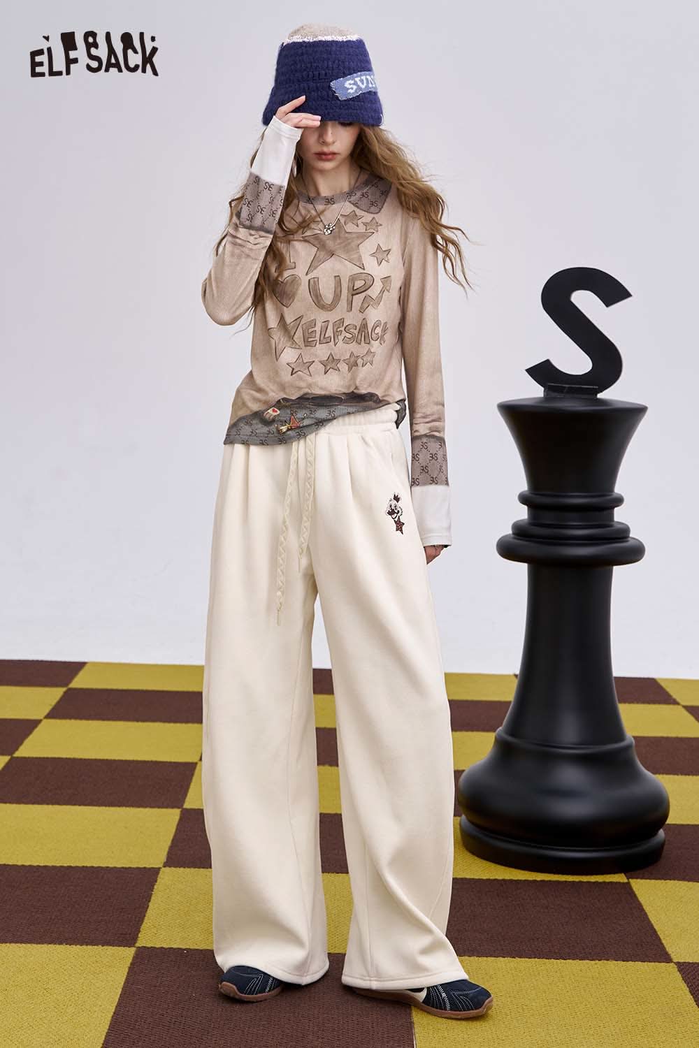 ELFSACK women's solid color straight leg pants in cream with a relaxed fit and drawstring waist