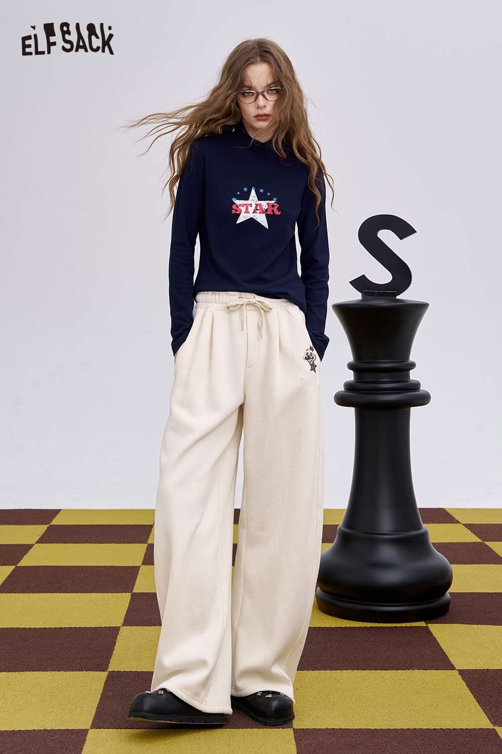 ELFSACK women's solid color straight leg pants in cream with a relaxed fit for casual style