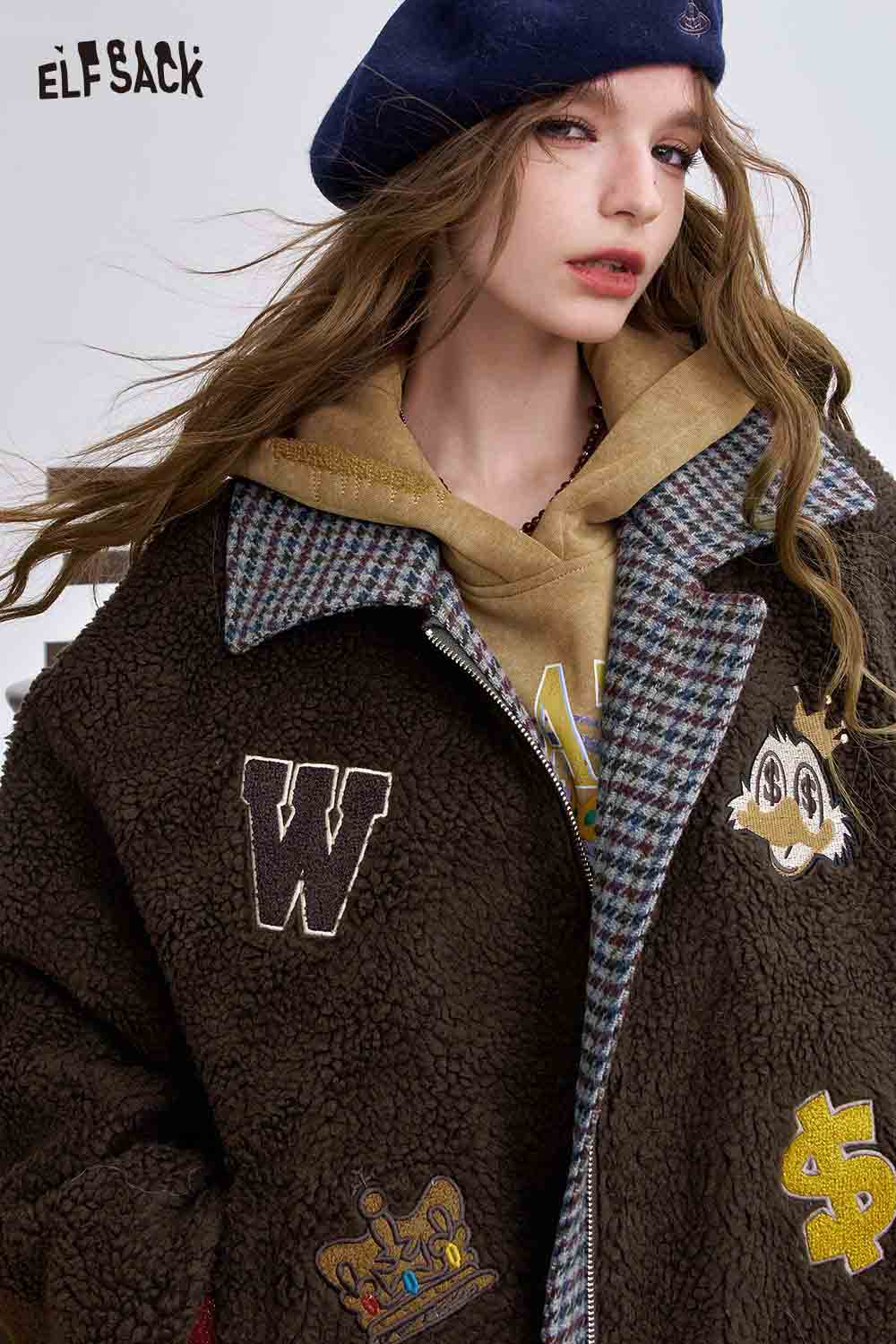 ELFSACK soft cotton striped coat for women with embroidered patches and a cozy design