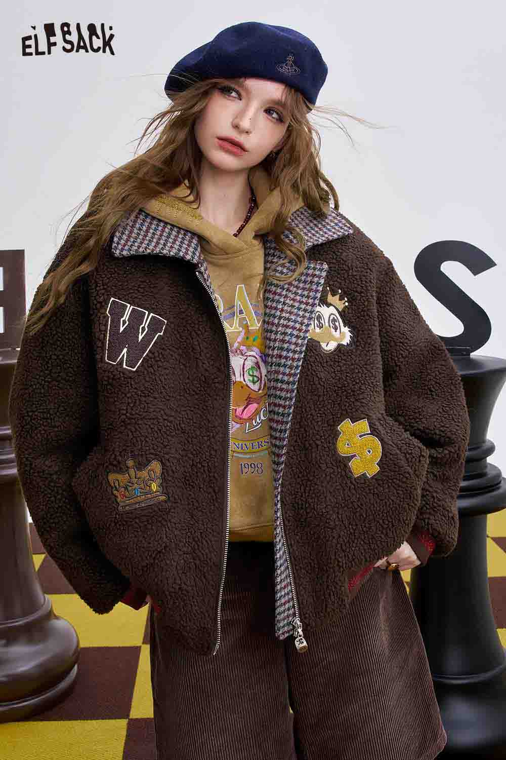 ELFSACK soft cotton striped coat for women in brown with playful patches and cozy design