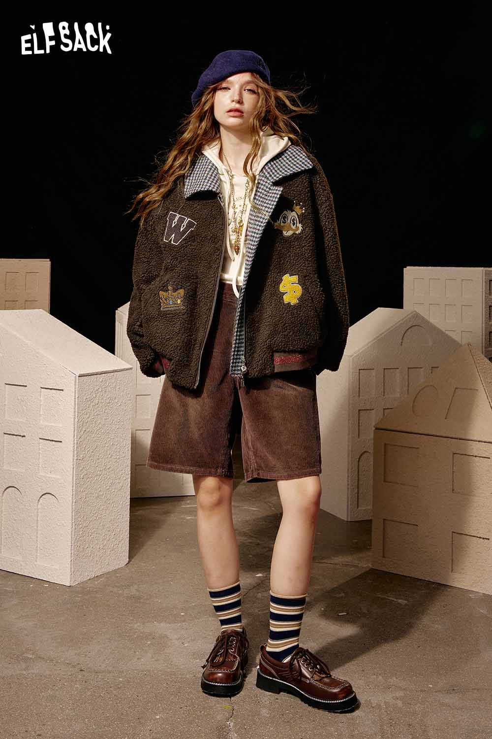 ELFSACK soft cotton striped coat for women styled with a unique design and layered look