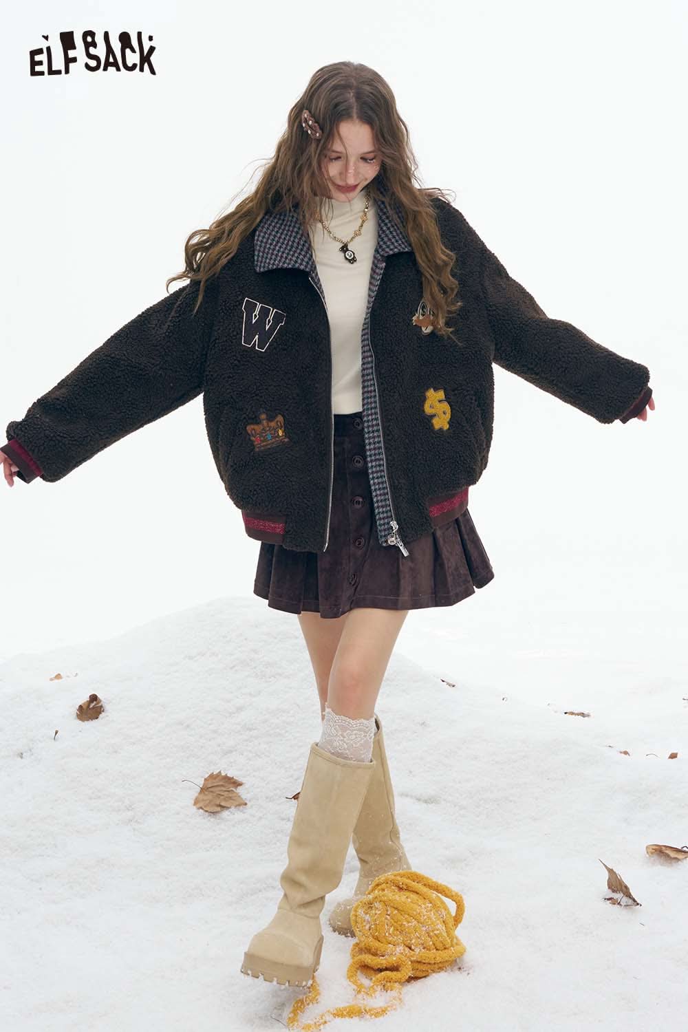 ELFSACK soft cotton striped coat for women shown with a skirt and boots in a snowy setting