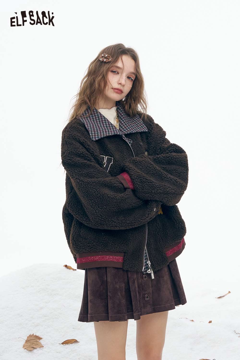 ELFSACK soft cotton striped coat for women with a cozy oversized fit and stylish detailing