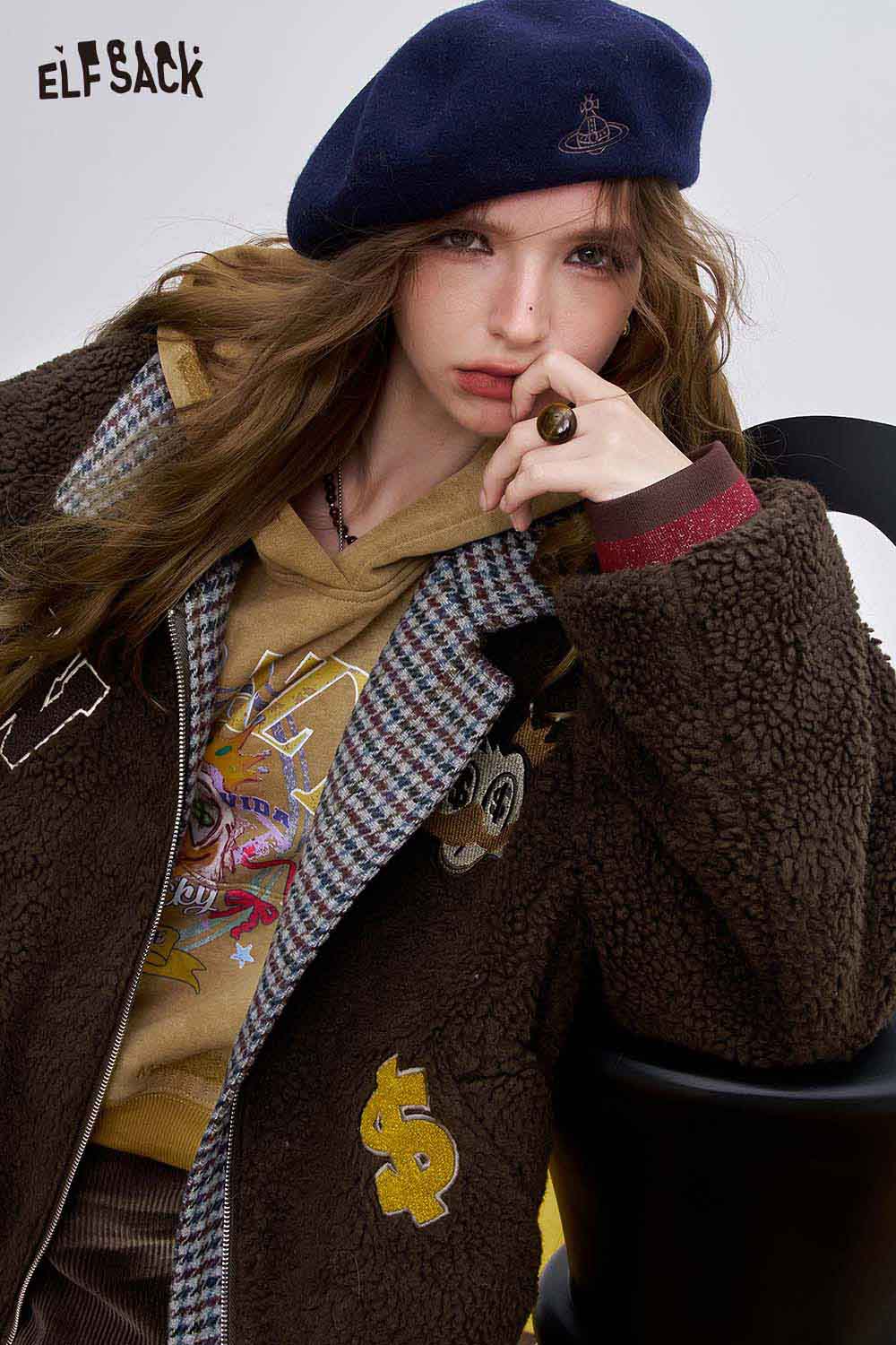 ELFSACK soft cotton striped coat for women with cozy fleece design and stylish details