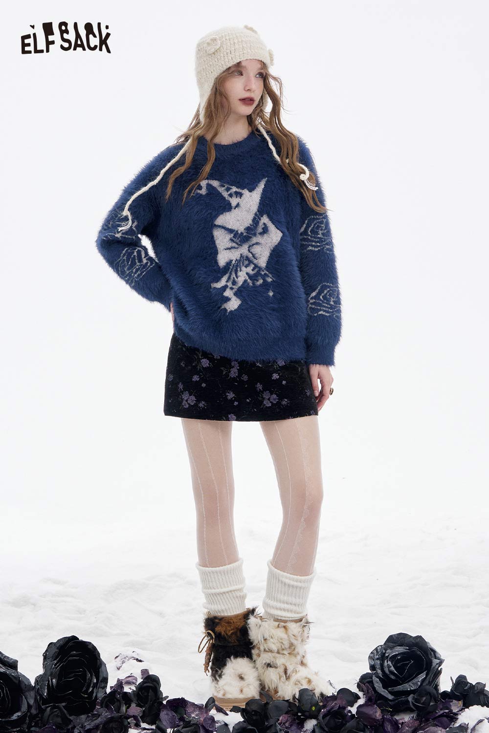 ELFSACK soft graphic plush sweater for women in blue featuring unique design and cozy fit