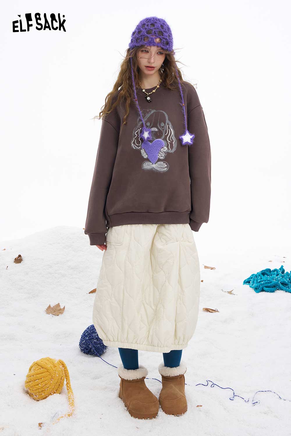 ELFSACK women's animal graphic sweatshirt in brown featuring colorful cartoon design and cozy fit for casual wear