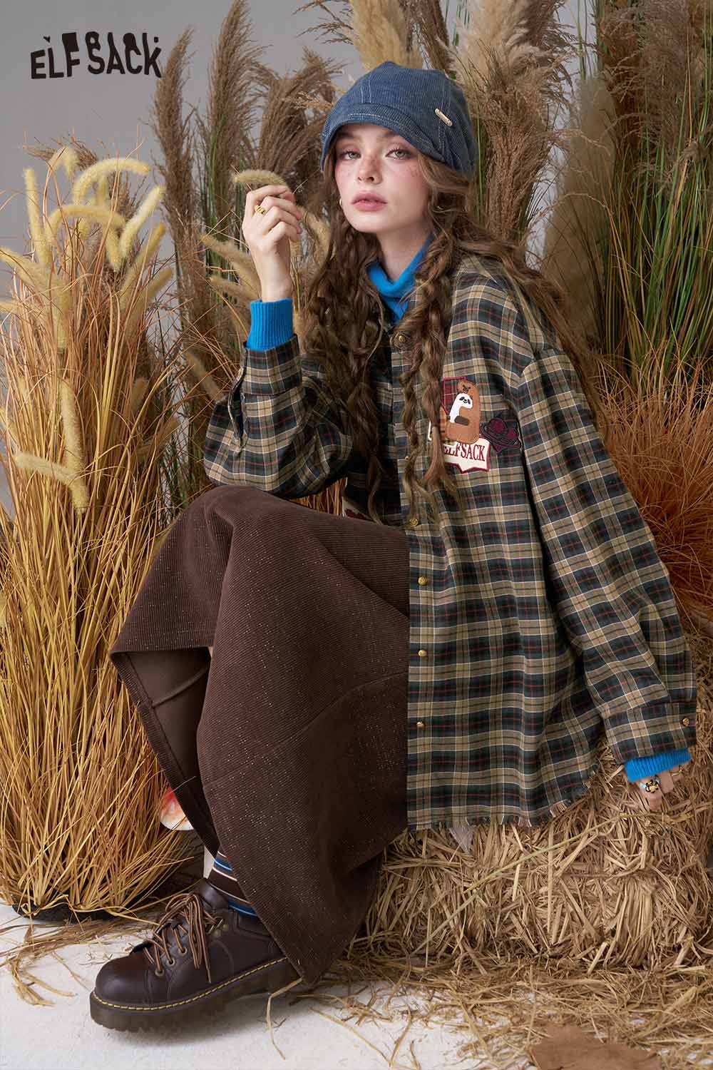 ELFSACK women's bear embroidery plaid shirt in green and brown with a relaxed fit and unique patches
