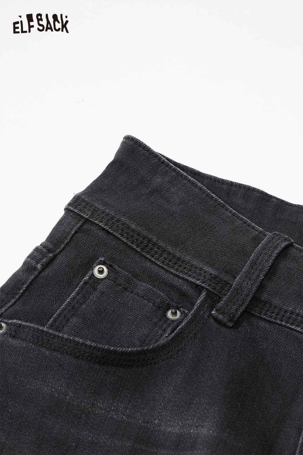 Close-up of ELFSACK women's bootcut stretch denim jeans with a sleek black finish and visible waistband details