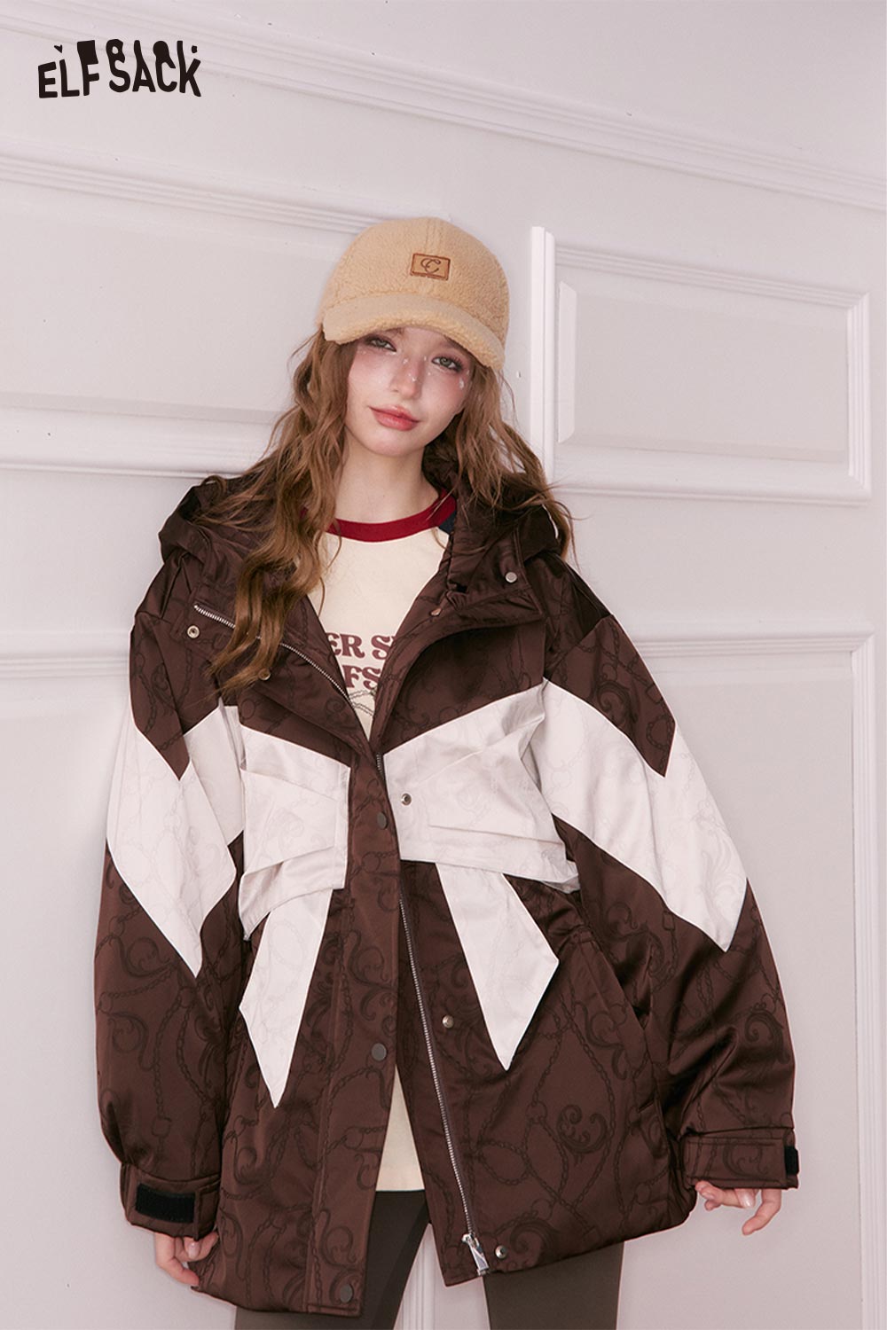 ELFSACK women's bow knot puffer jacket in brown with stylish white design and hood for winter wear