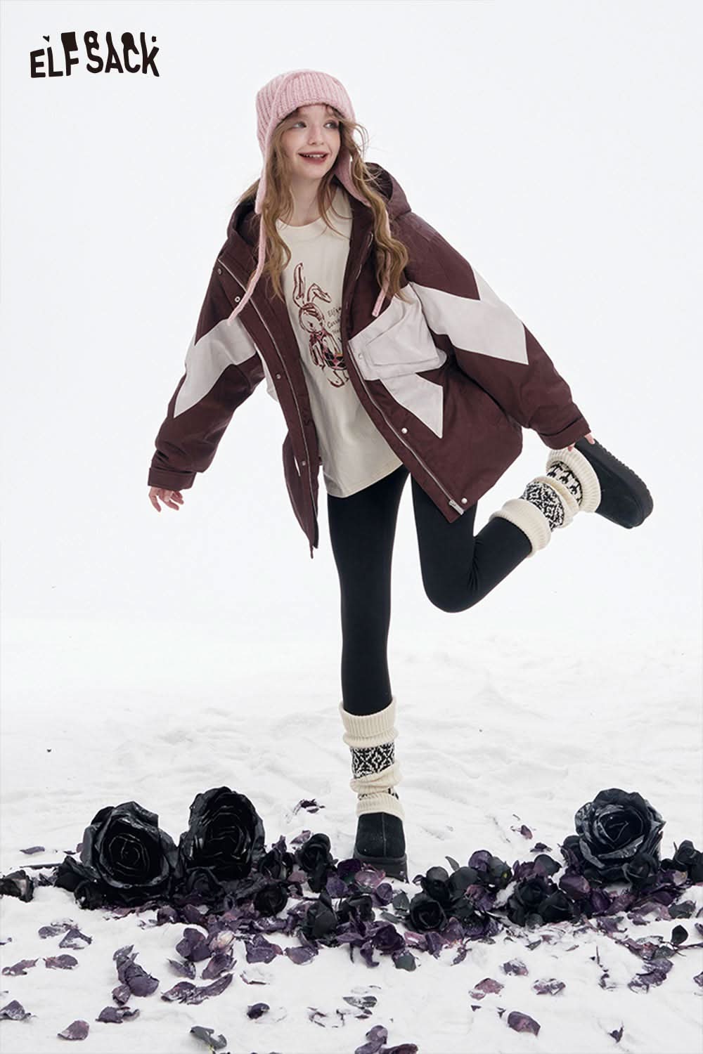 ELFSACK women's bow knot puffer jacket in burgundy with stylish design and cozy fit for cold weather