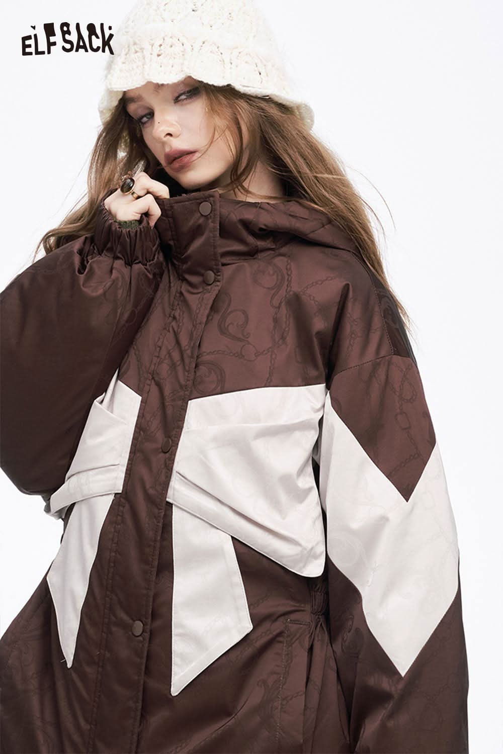 ELFSACK women's bow knot puffer jacket in brown with stylish color block design and cozy hood