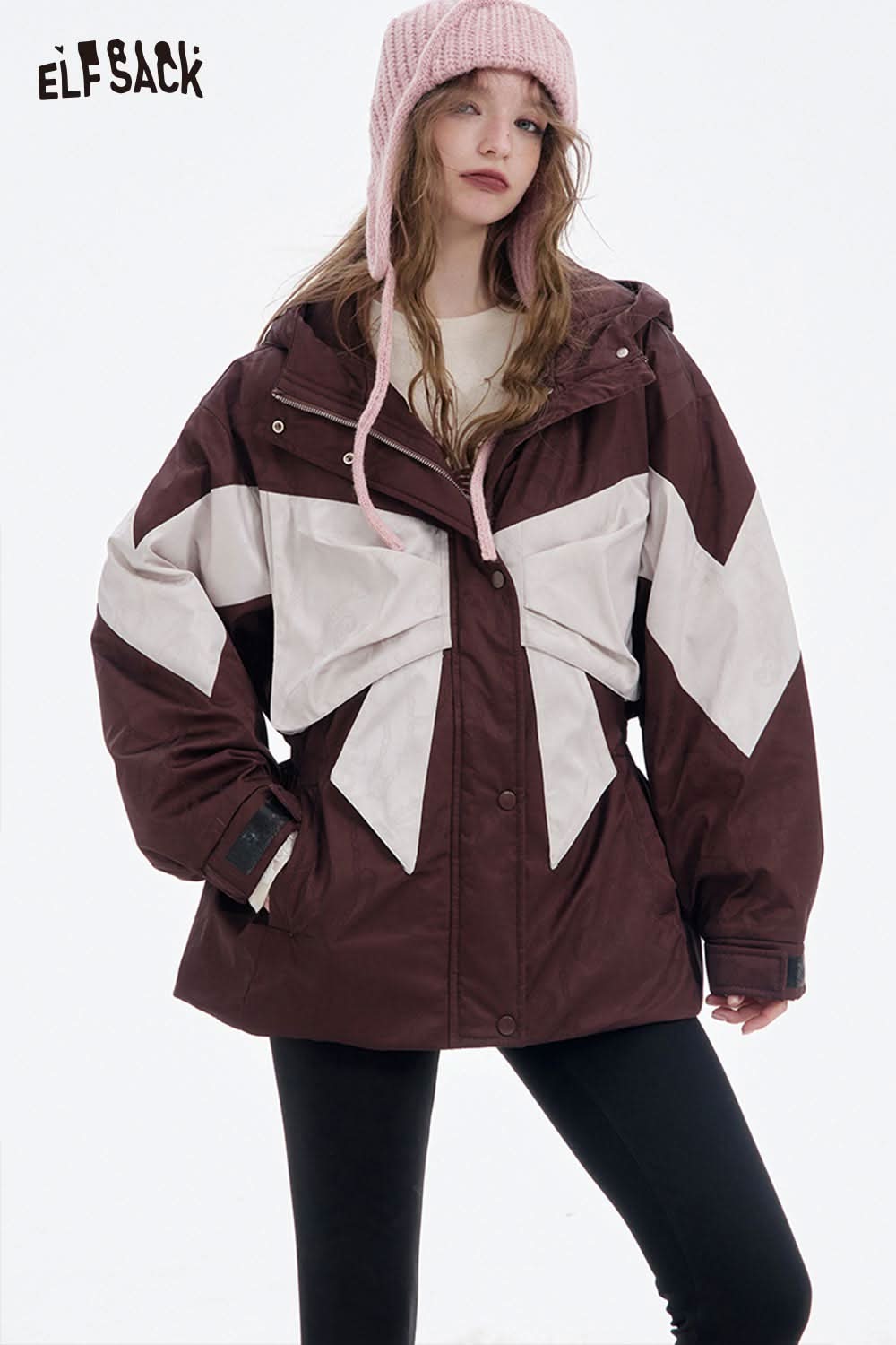 ELFSACK women's bow knot puffer jacket in burgundy and cream with a stylish design for winter warmth