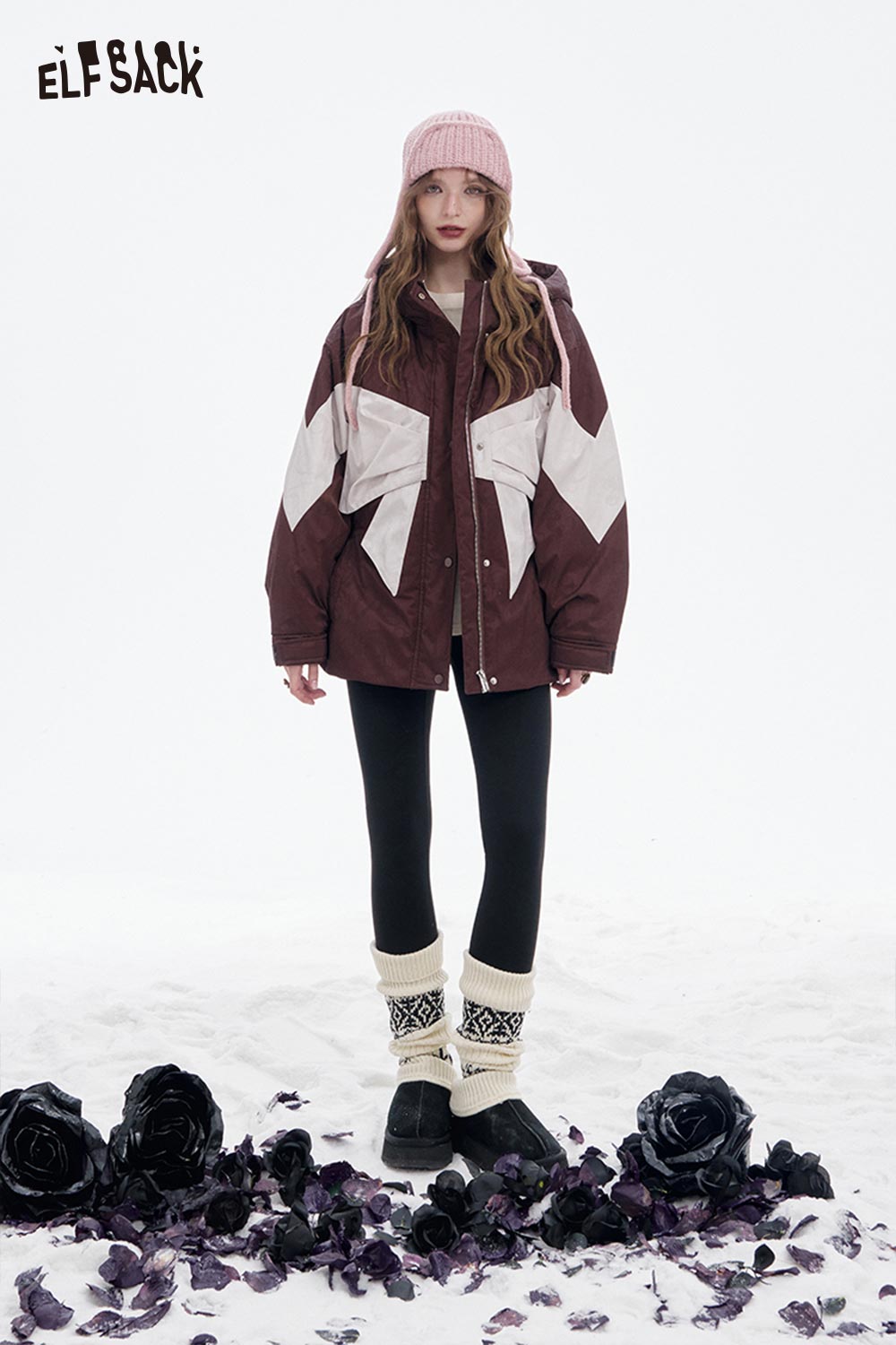 ELFSACK women's bow knot puffer jacket in burgundy with stylish contrasting panels and a cozy fit