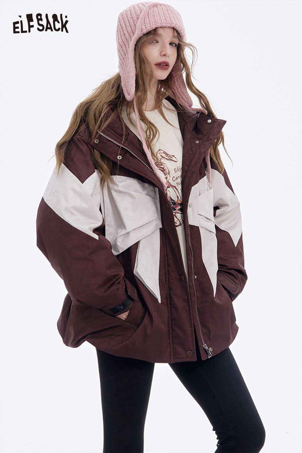 ELFSACK women's bow knot puffer jacket in burgundy and white with oversized style and pockets