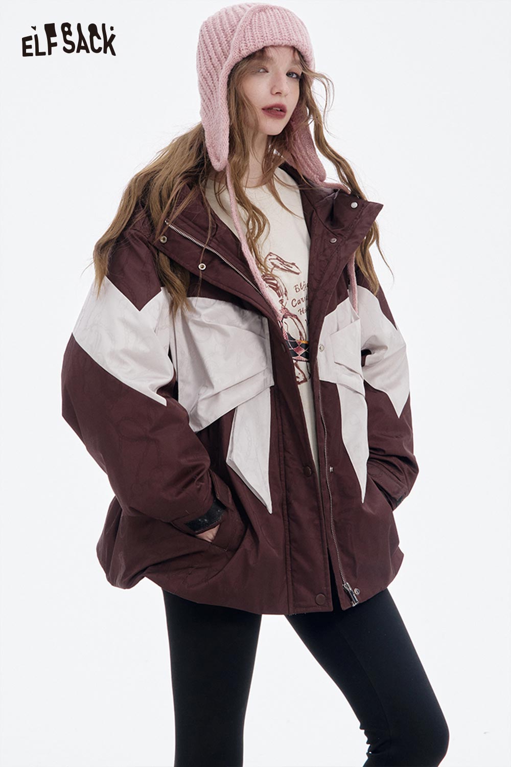 ELFSACK women's bow knot puffer jacket in burgundy and white with oversized style and pockets