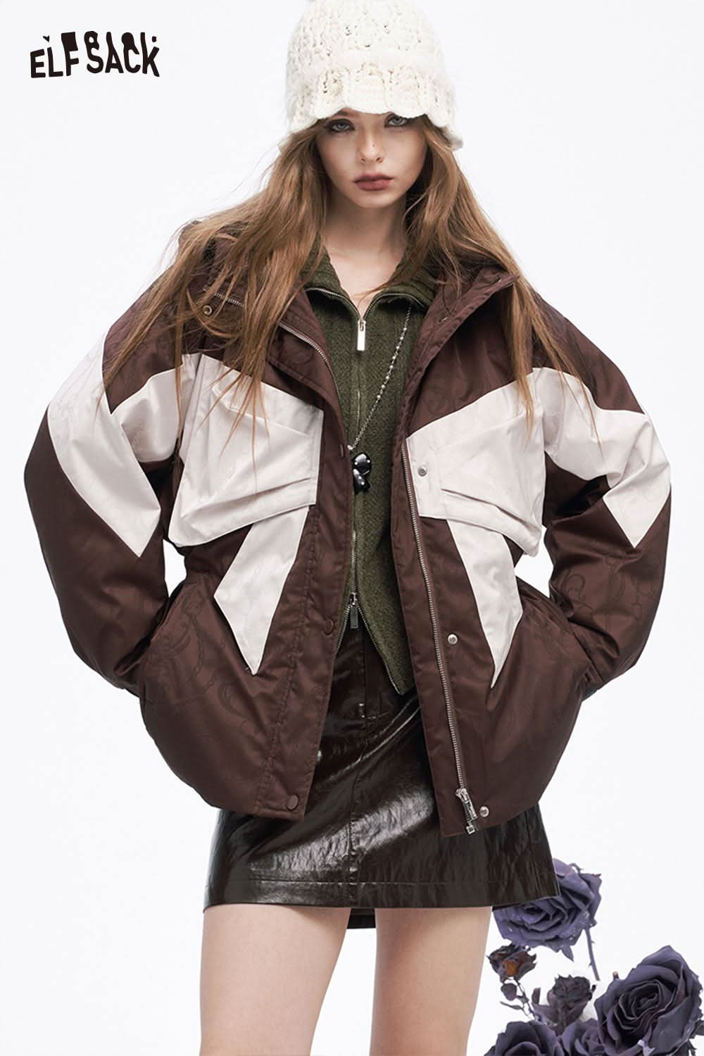 ELFSACK women's bow knot puffer jacket with a stylish color block design and oversized fit