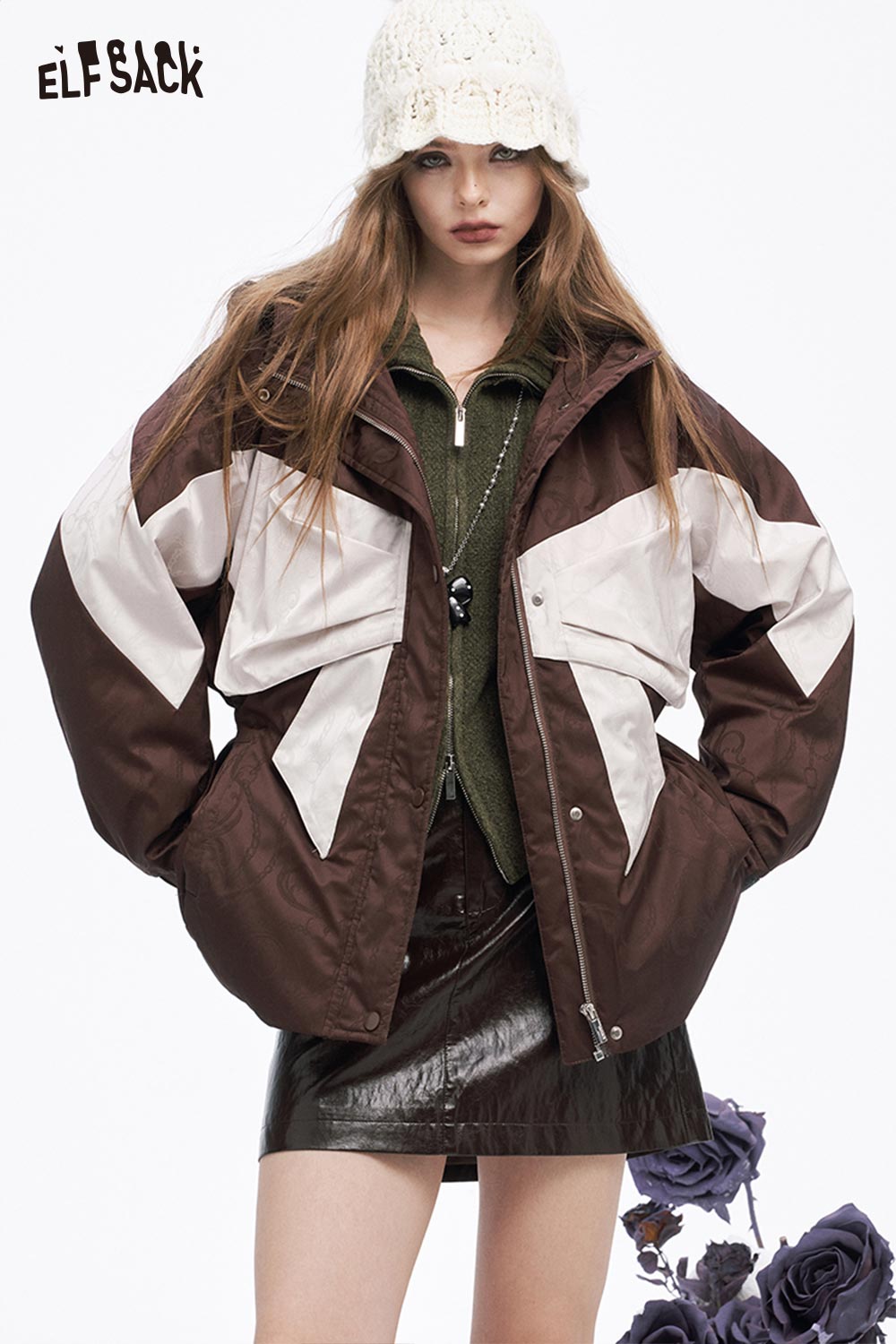 ELFSACK women's bow knot puffer jacket with a stylish color block design and oversized fit