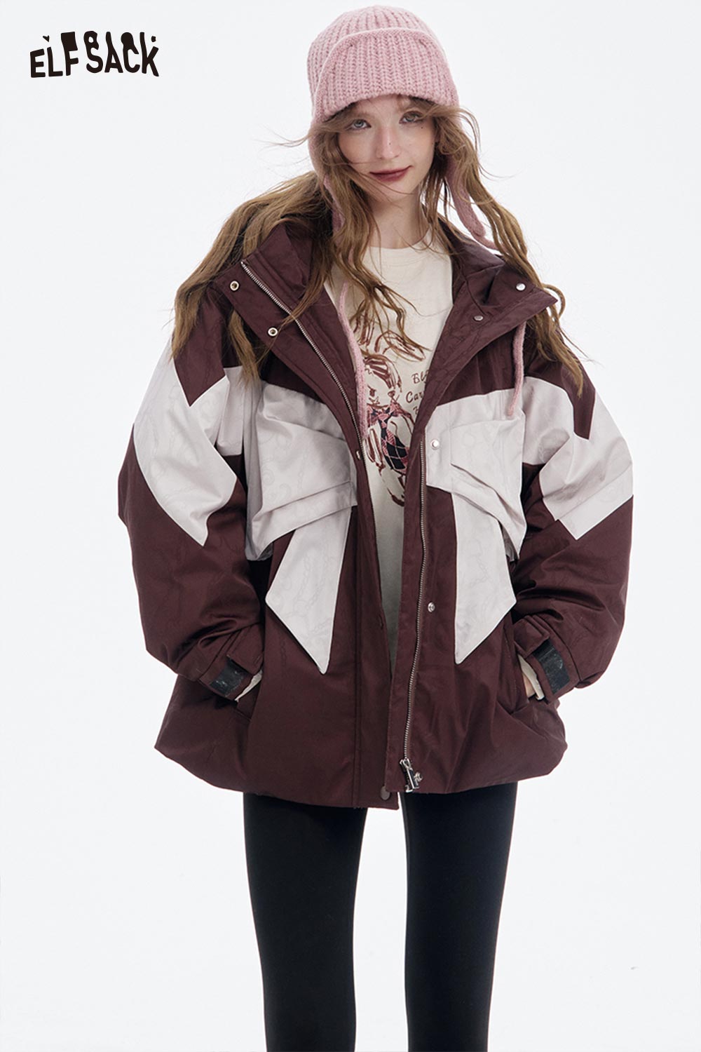 ELFSACK women's bow knot puffer jacket in burgundy with stylish color-block design and oversized fit