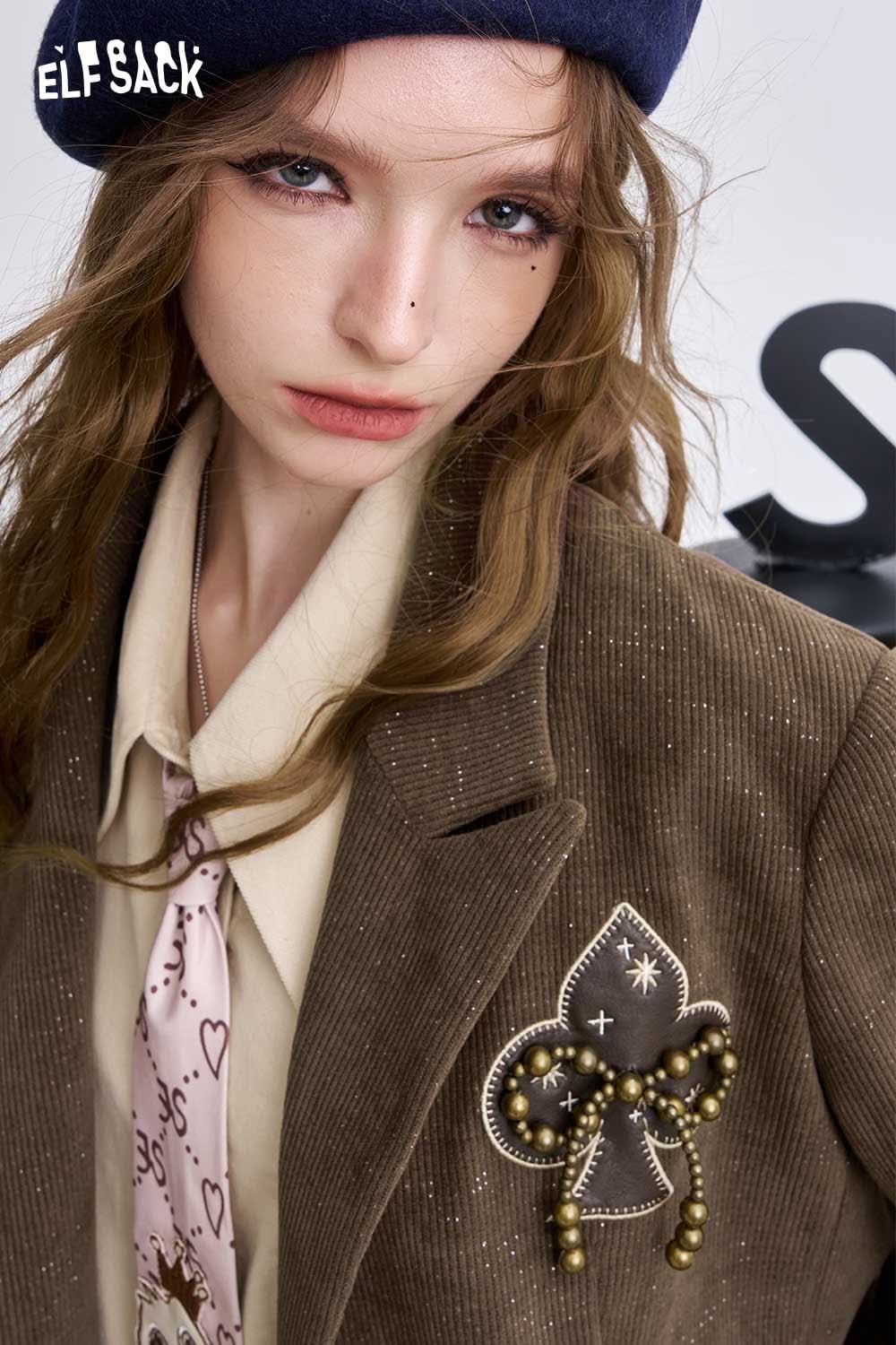 ELFSACK women's bowknot blazer in brown corduroy with decorative appliqué and beaded details