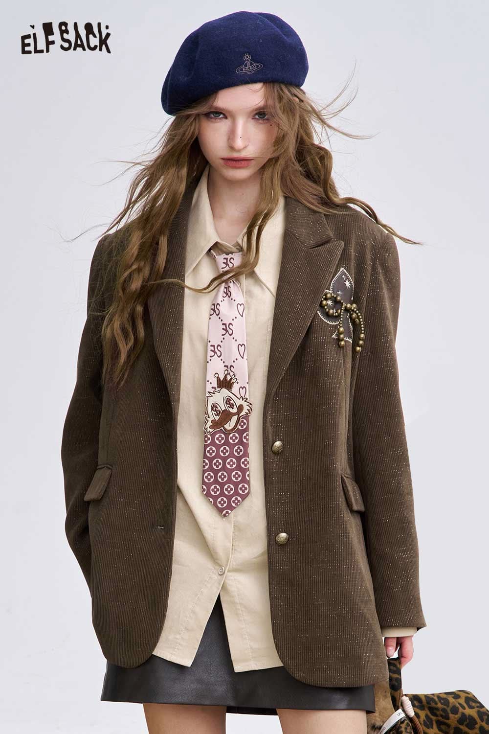 ELFSACK women's bowknot blazer in brown with unique design and stylish details