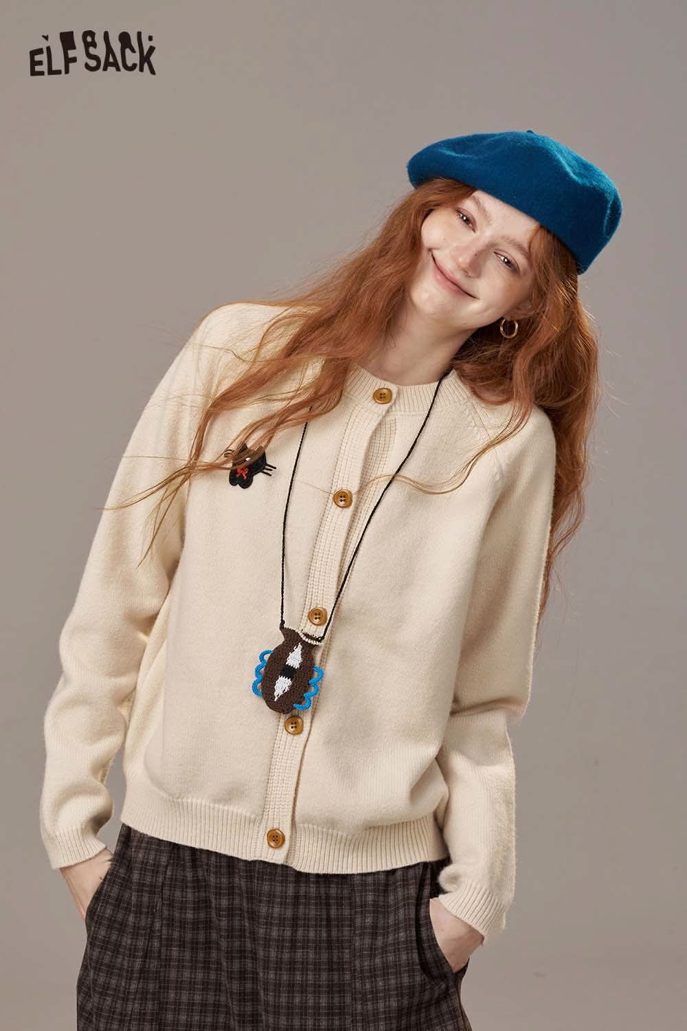 ELFSACK women's cartoon embroidery knit cardigan in cream with colorful details and buttons