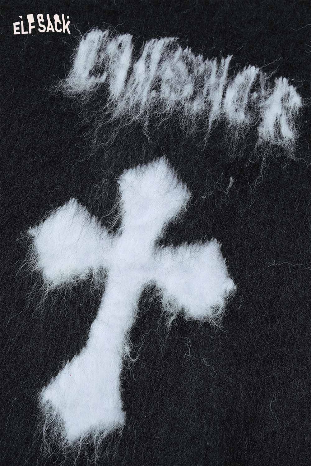 ELFSACK women's casual cross graphic sweater in black featuring a bold white cross design