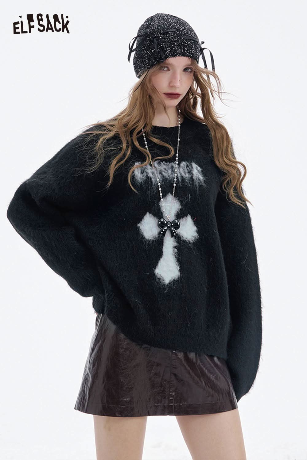 Women's casual cross graphic sweater in black with soft, fluffy texture for a trendy street style look