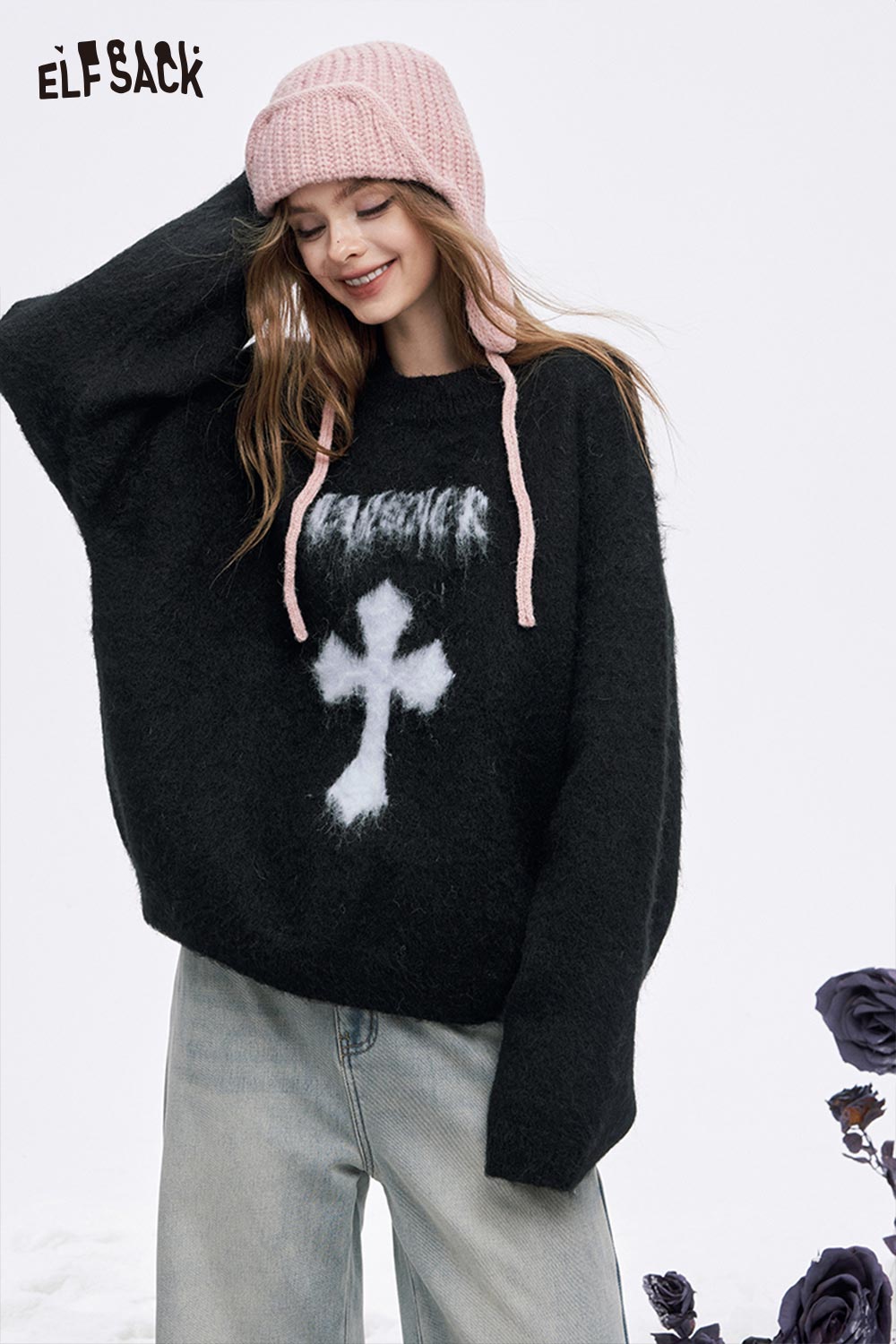 ELFSACK women's casual cross graphic sweater in black with a loose fit and stylish design