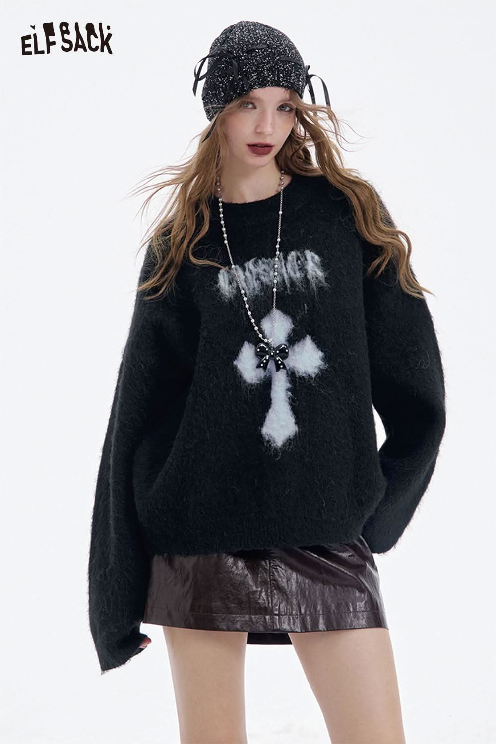 ELFSACK women's casual cross graphic sweater in black with a cozy oversized fit and stylish design