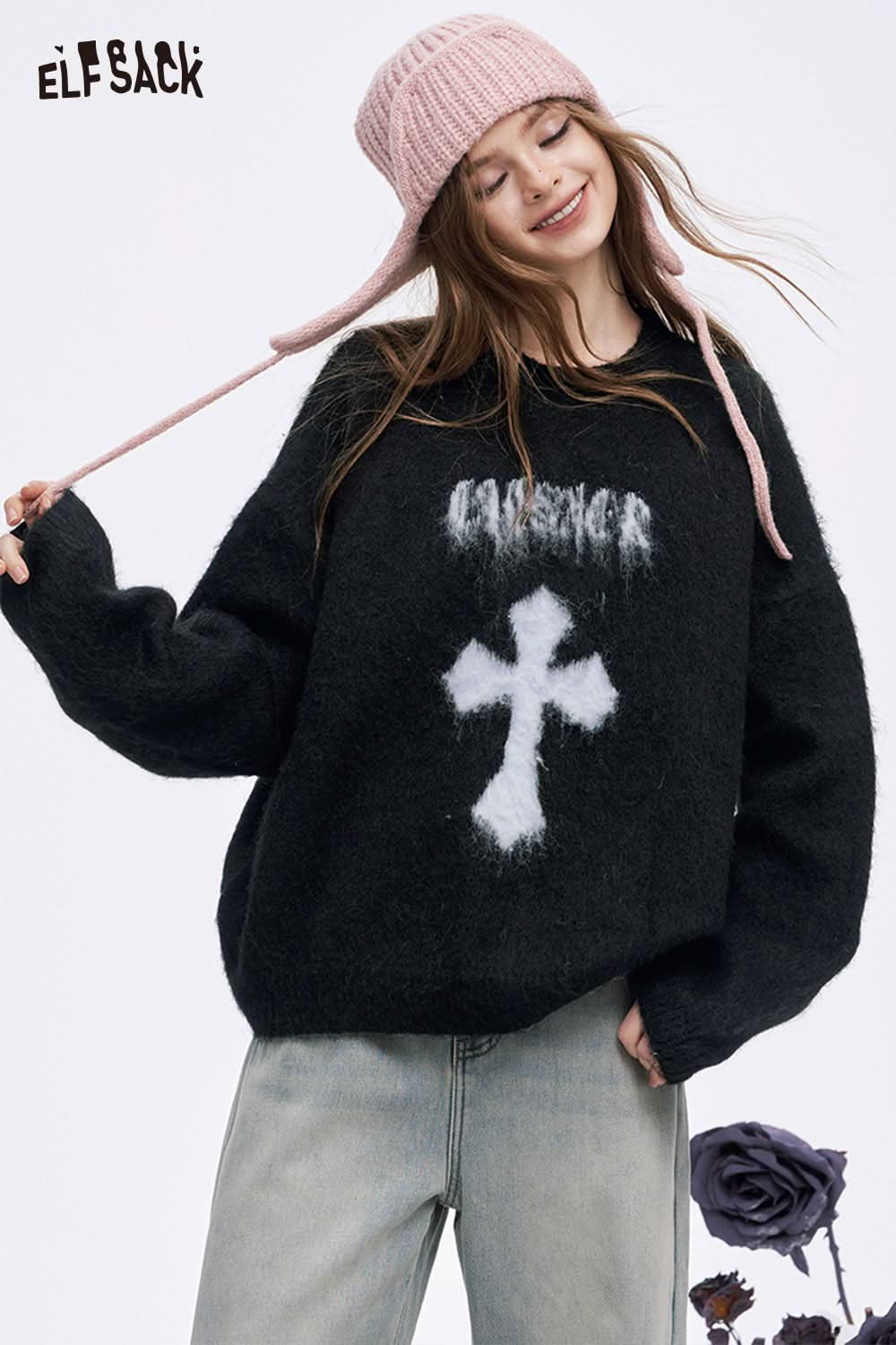 ELFSACK women's casual cross graphic sweater in black with fluffy cross design, perfect for stylish layering