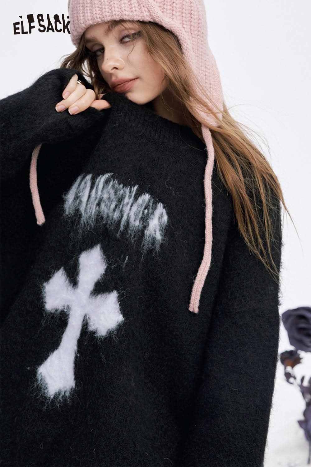 ELFSACK women's casual cross graphic sweater in black with a fuzzy design and relaxed fit