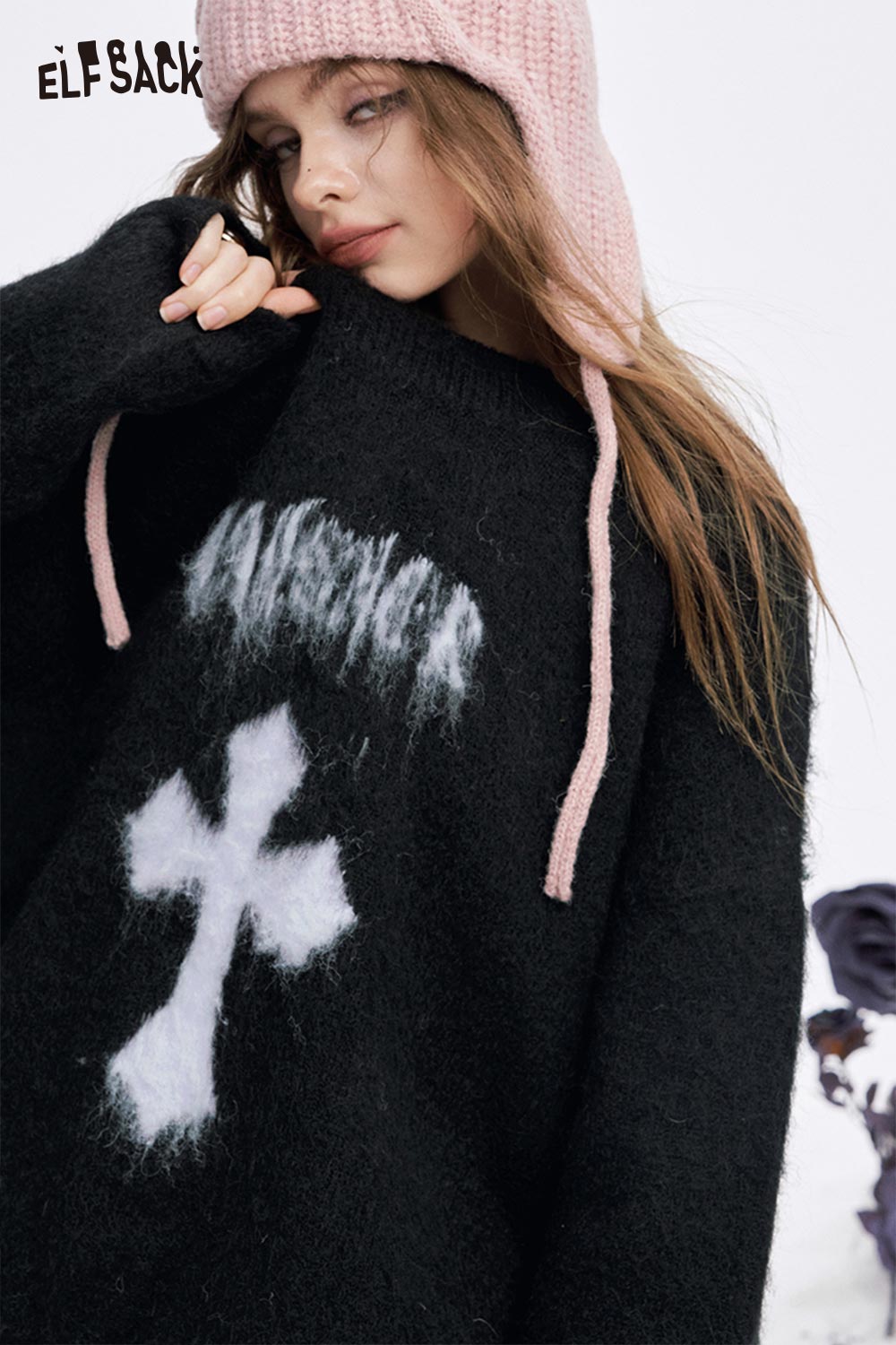 ELFSACK women's casual cross graphic sweater in black with a fuzzy design and relaxed fit