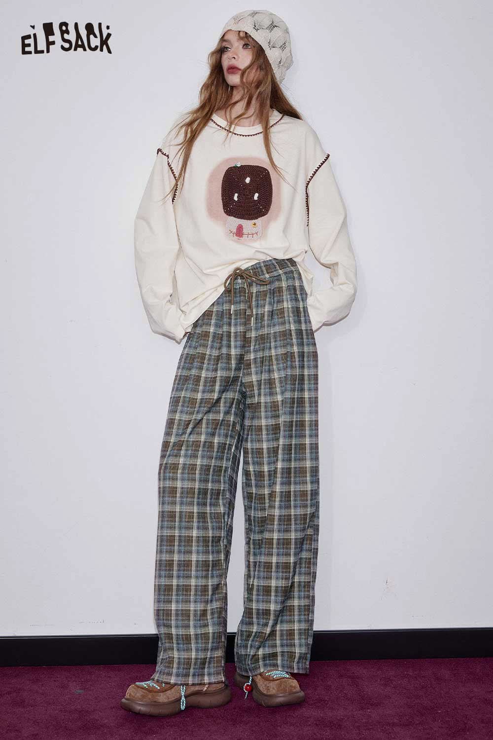 ELFSACK women's check pattern relaxed fit trousers in blue and gray plaid for comfortable, casual wear