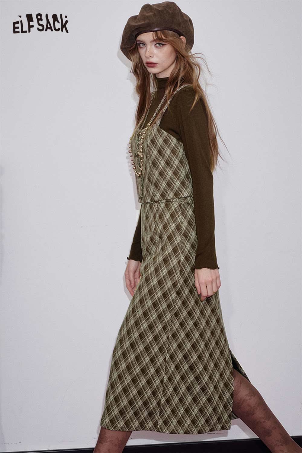ELFSACK women's check pattern three-piece set featuring a stylish long dress, top, and accessories