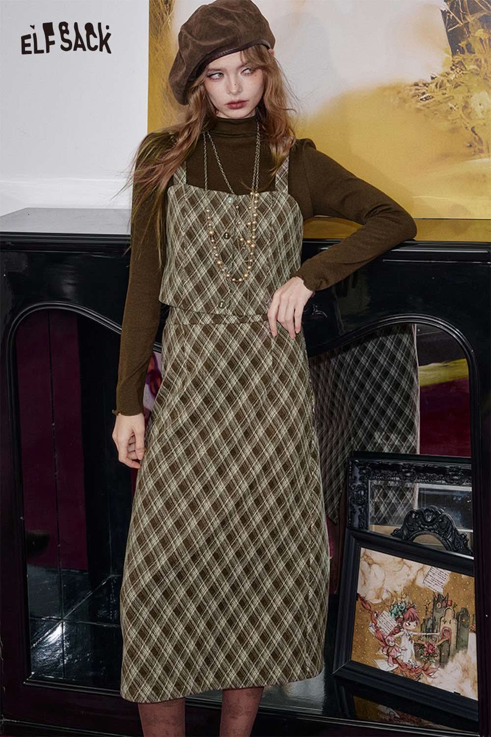 ELFSACK women's check pattern three-piece set featuring a dress and layered top for stylish fall looks