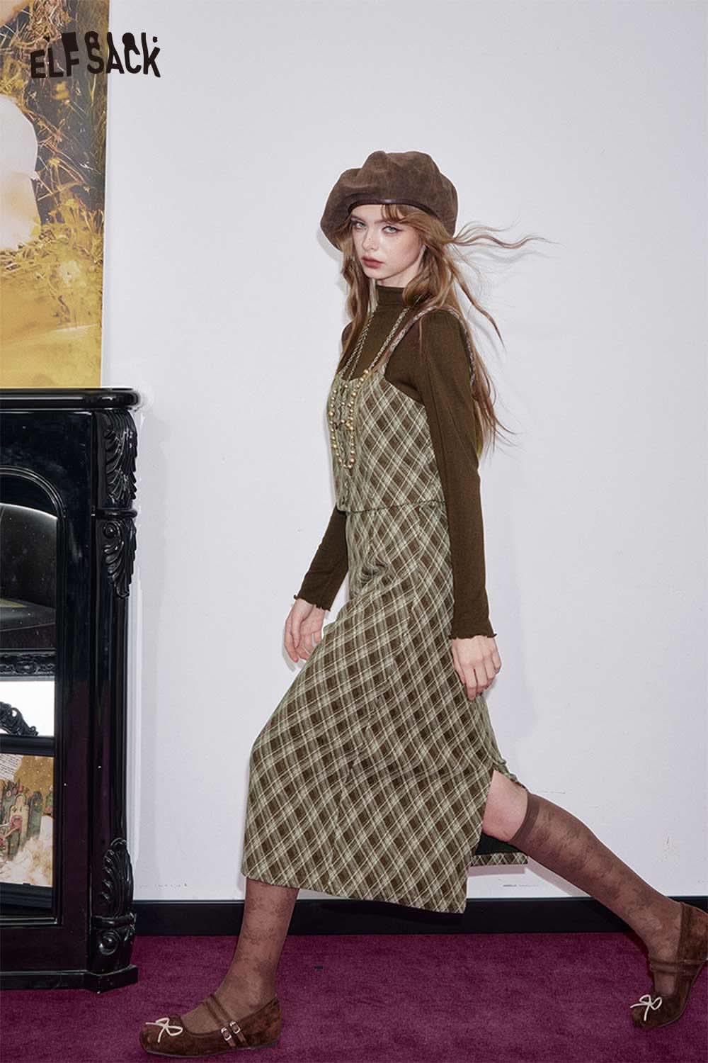 ELFSACK women's check pattern three-piece set featuring a stylish dress layered with a long-sleeve top