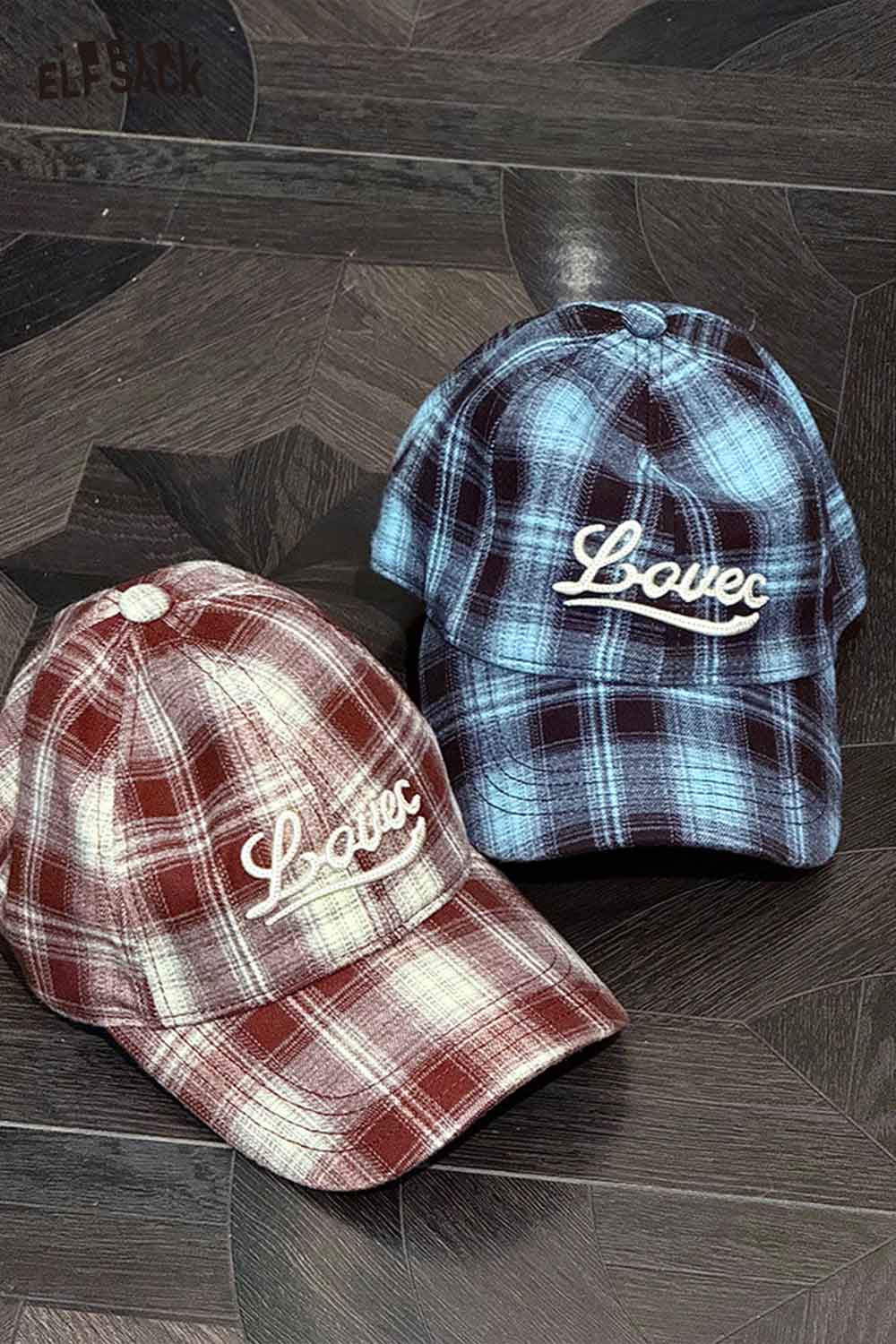 ELFSACK women's checkered baseball cap in red and blue plaid with Love graphic detail