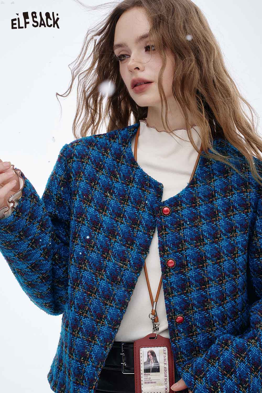 Stylish women's checkered short jacket from ELFSACK in vibrant blue and black pattern