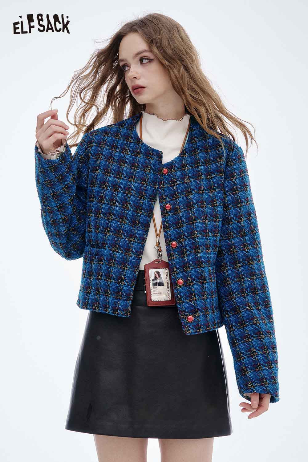 ELFSACK women's checkered short jacket in blue and black with stylish button details