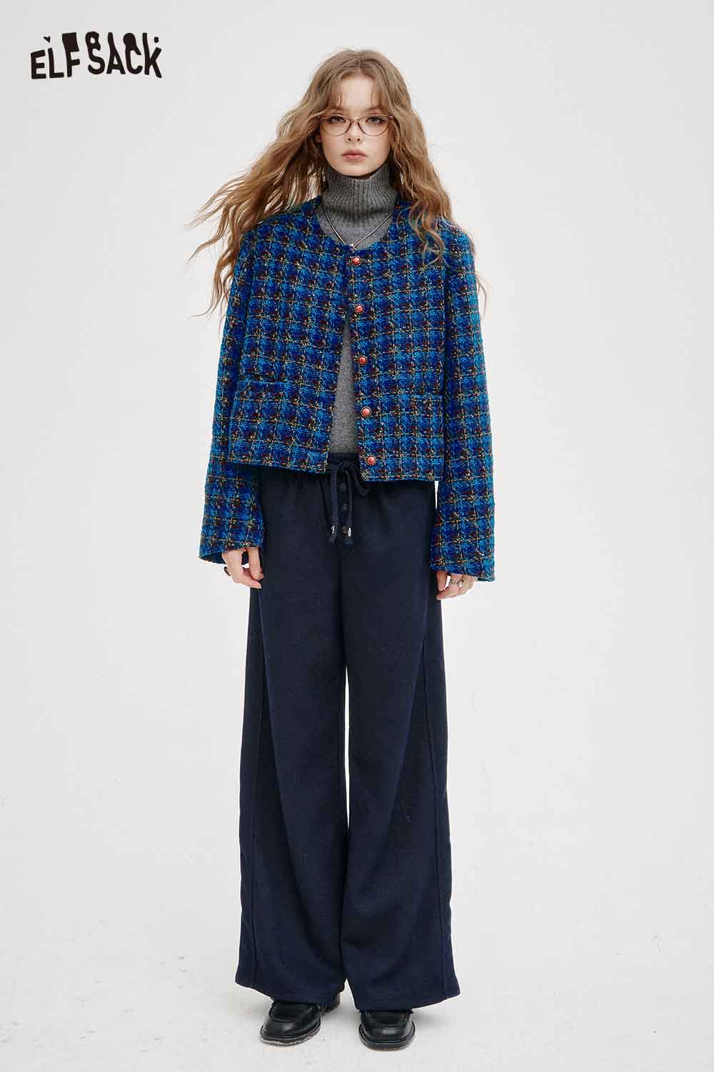 ELFSACK women's checkered short jacket in blue with a stylish, casual design for modern outfits